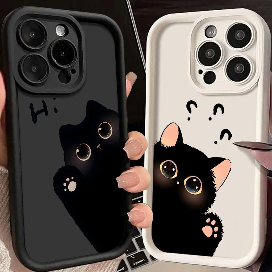 Phone Cover Case for iPhone 17 Pro Max 11 Air 17e 13 14 15 Plus 16 12 Pro Hello Cute Blacks Cat