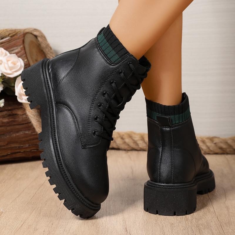 Fashion Short-thigh Boots Autumn New Round Toe Front Lace-up Platform Non-slip Wear-resistant Block Heel Boots