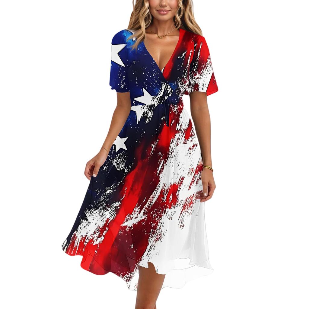 Women's Casual V-Neck Short-Sleeve Independence Day Print Dress