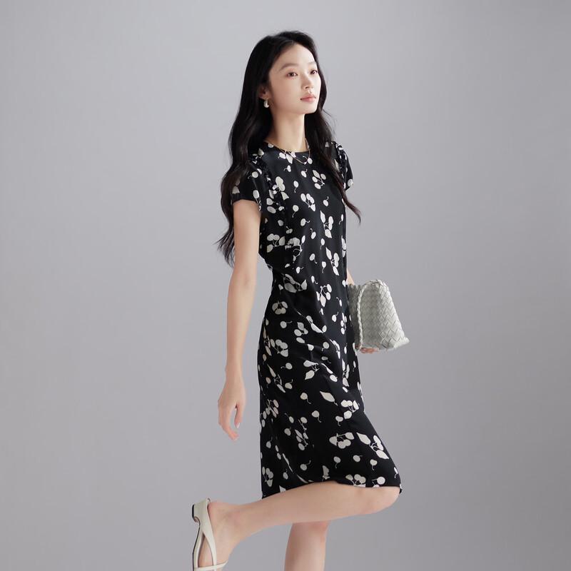 SOFSIL 2026 Summer 100% Mulberry Silk Black Floral Midi Dress