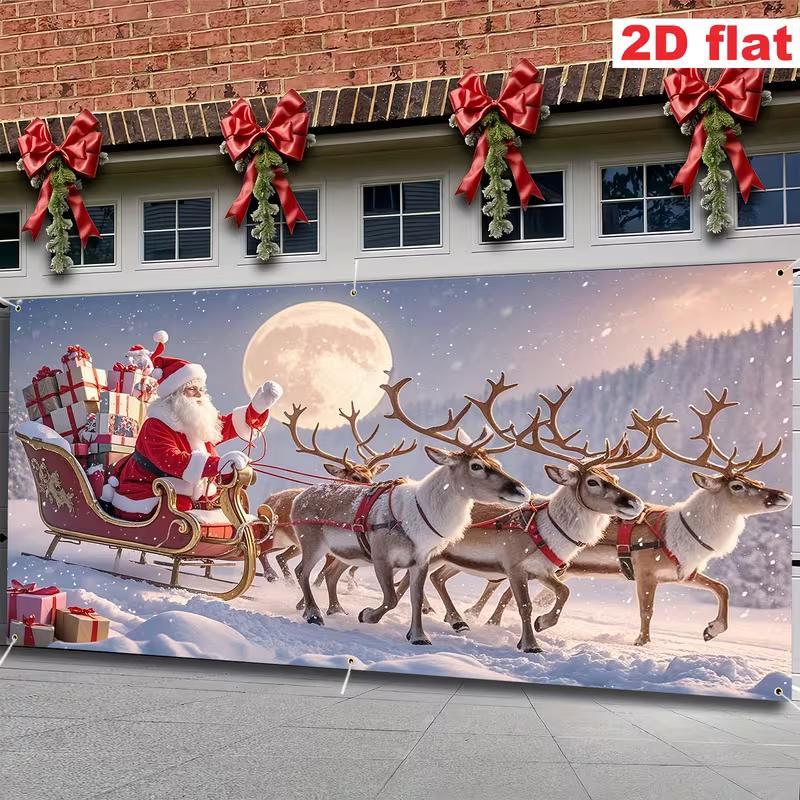 2D Winter Night Santa Sleigh Garage Door Cover, Reindeer & Moon Christmas Decor