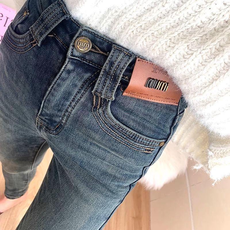 Fleece retro jeans women's autumn and winter new high-waisted versatile, thin and warm nine-point pants, boots and pants tide