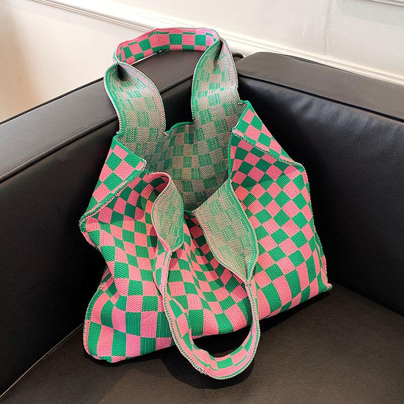 

Chessboard lattice lazy wind big bag women s large capacity canvas texture foreign style shoulder tote bag