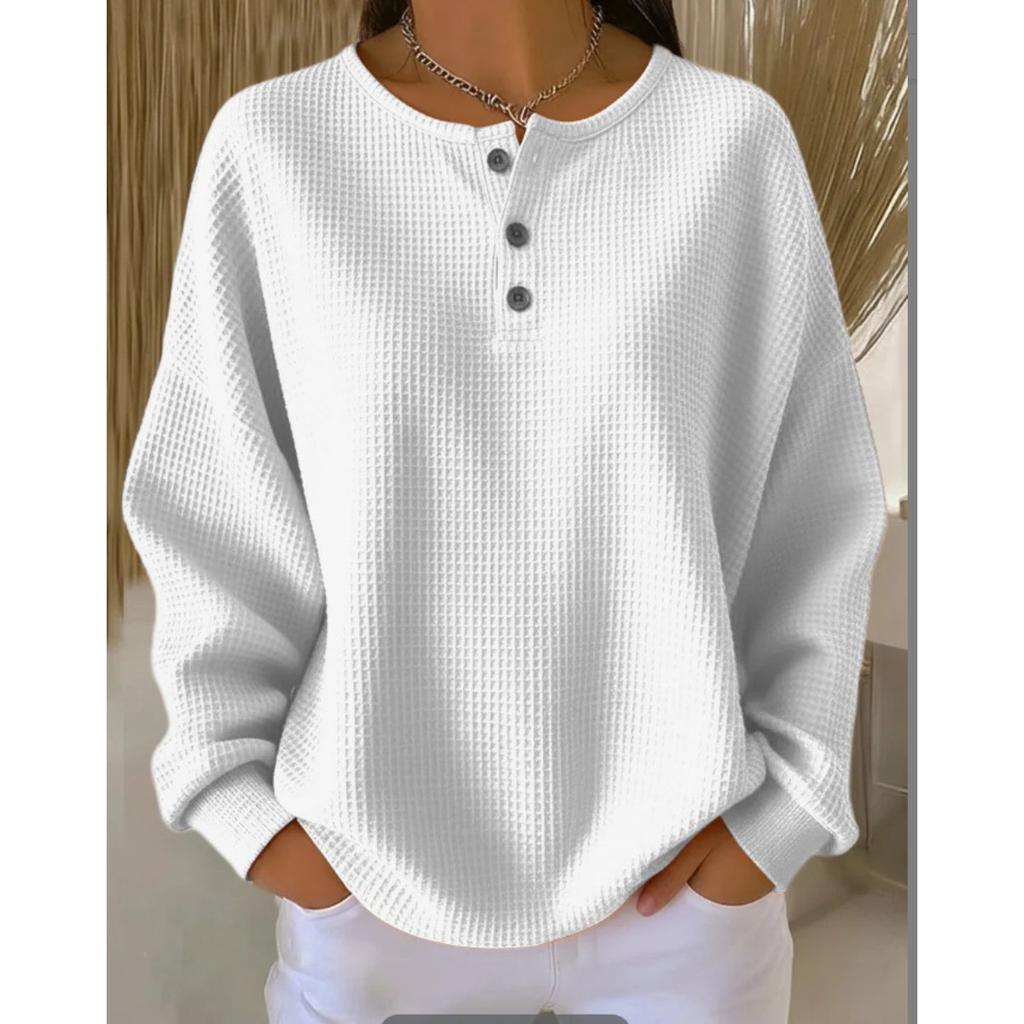 Women's Crew Neck Long Sleeve Waffle Knit Henley Top Loose Fit Casual Sweatshirt