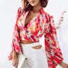 Spring and summer new women's clothing fashionable and sexy V-neck waist printed lantern sleeve shirt shirt