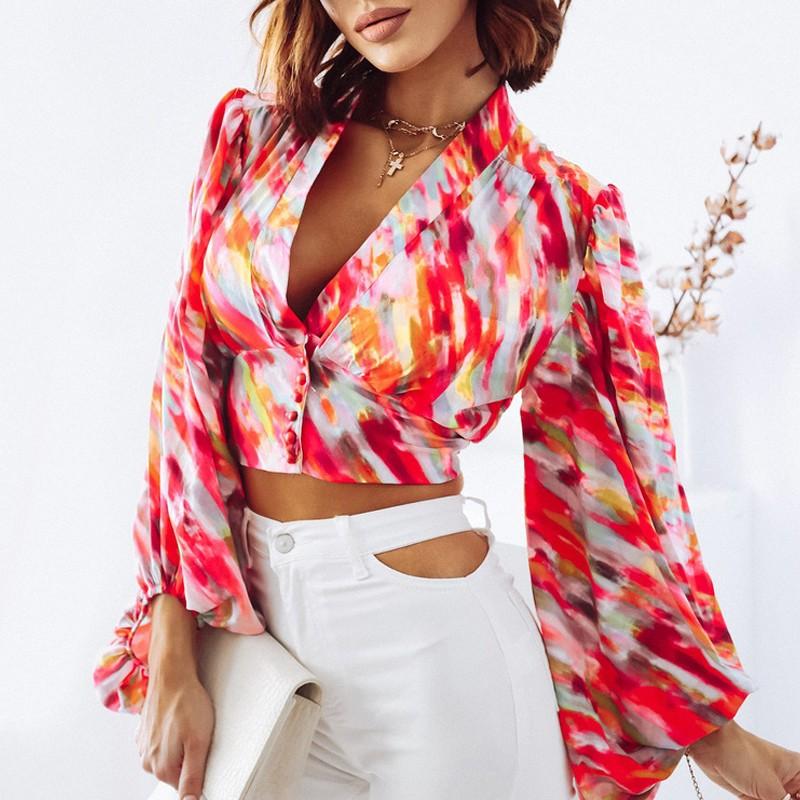 Spring and summer new women's clothing fashionable and sexy V-neck waist printed lantern sleeve shirt shirt
