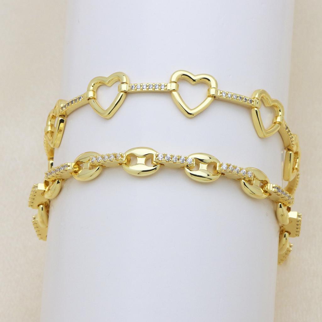 Personalized Light Luxury High-End Copper Gold-Plated Hollow Heart-Shaped Love Zircon Pig Nostril Strap Bracelet