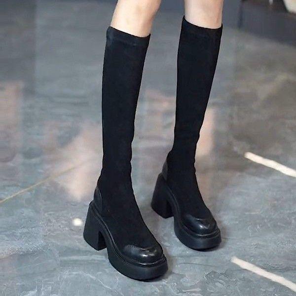 Thick-soled thick-heeled boots women's elastic thin boots 2025 autumn and winter new fashion round head thin high-heeled but knee boots