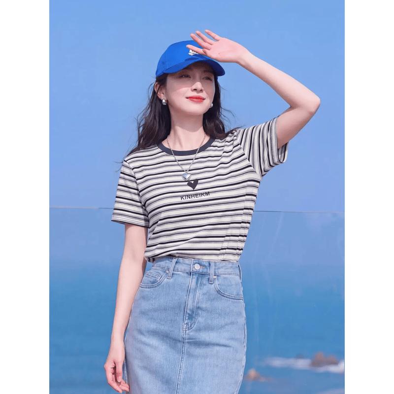 Basic House Women's Dark Blue Stripe Print Short Sleeve T-shirt