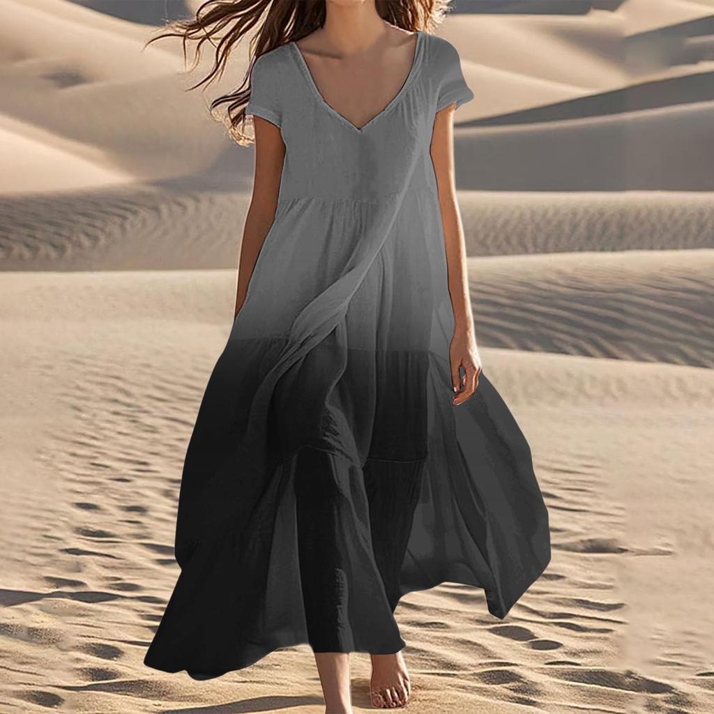 Women's Summer V-Neck Beach Long Short Sleeve Patchwork Gradient Dresses
