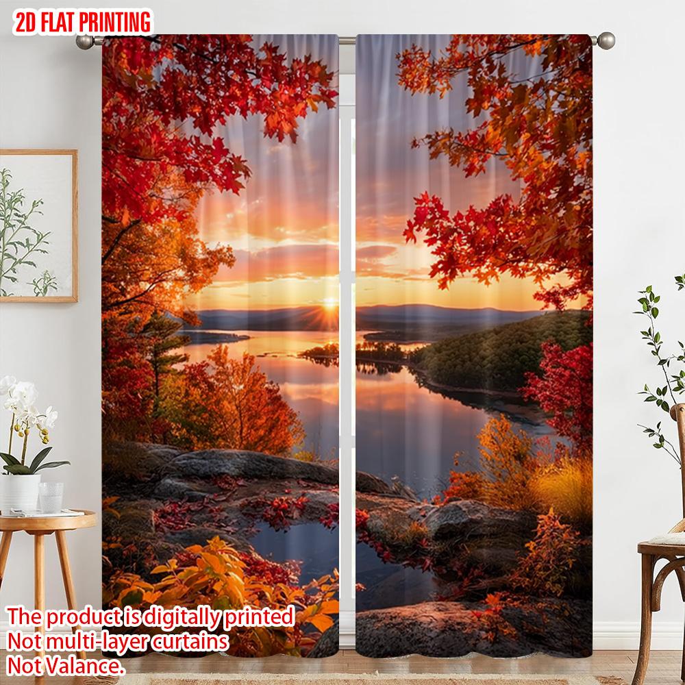 Plane Printing Curtains Digital Printed Autumn Sunset Maple Leaf Durable Polyester Fabric Without Rod Versatile Set Of 2 Made