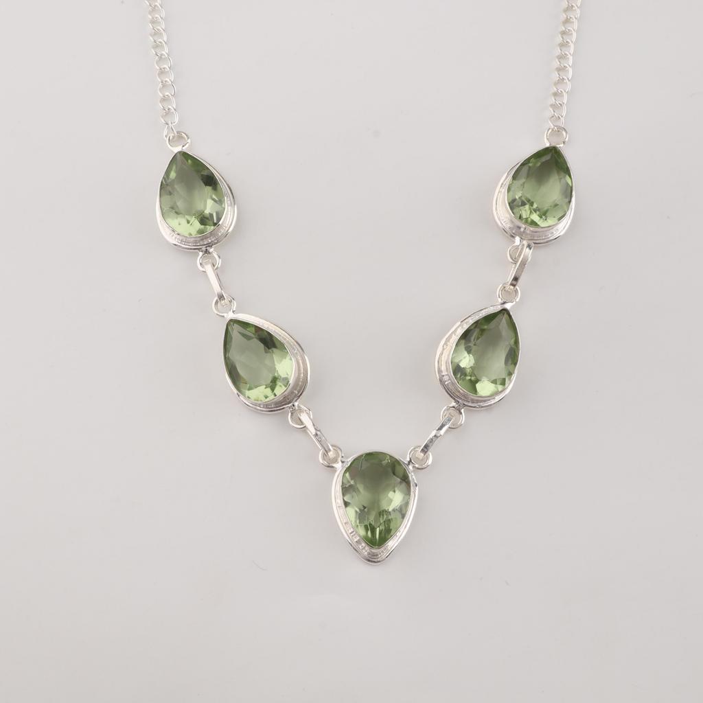 Green Amethyst Gemstone Silver Necklace 925 Sterling Silver Handmade Necklace For Women RN-1-12