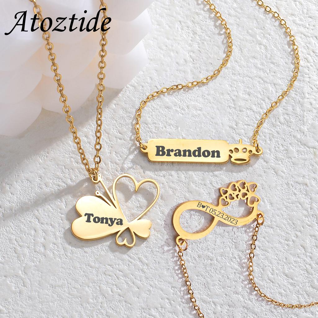 Atoztide Personalized Engrave Name Date Necklace Stainless Steel for Women Crown Heart Link Chain Pendant Jewelry Gift