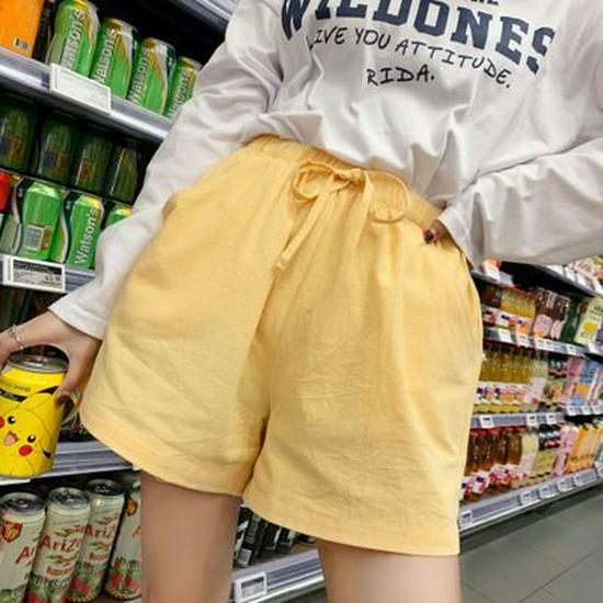 

Женские летние шорты из хлопка и льна с высокой посадкой - Повседневные свободные широкие пятиточечные брюки Small