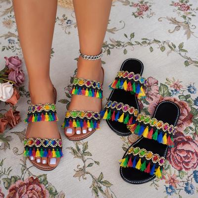 Mode 2025 Sommer Neu Böhmischer Ethno-Stil Damenschuh Einfache Vielseitige Damen Hausschuhe Retro Damen Quaste Strandschuh Zapatos De Mujer