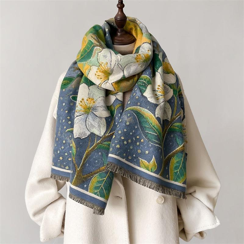 Winter Cashmere Scarf Pashmina Fashion Floral Print Thickened Scarf Women Warm Shawl Wraps Bufandas Poncho High Quality