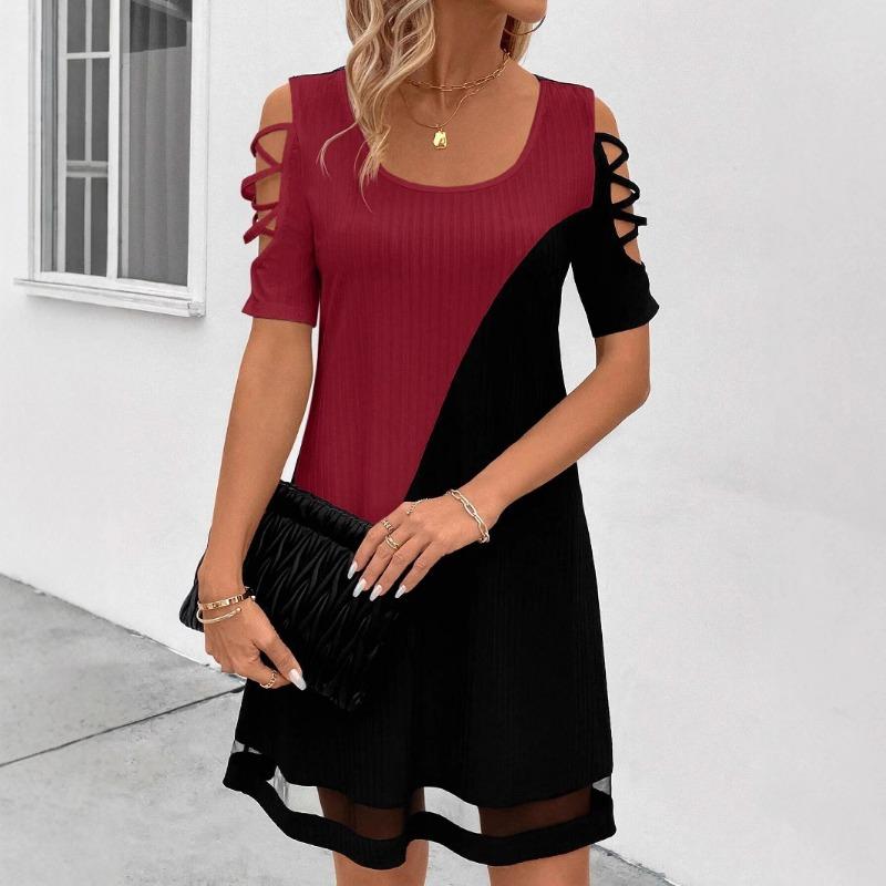 Women Color Block Hollow Out Mesh Patchwork Short Sleeve Midi Dress S