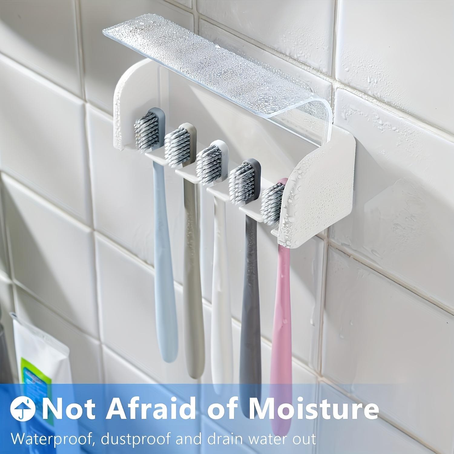 

5-Slot Plastic Toothbrush Holder with Dustproof Lid, Self Adhesive Wall Rack, Bathroom Organizer for Dorm and Shower