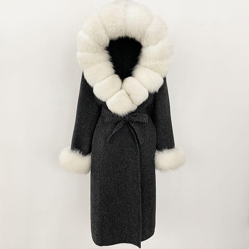 OFTBUY Autumn Winter Women Coat Real Natural Fox Fur Collar Hooded Double-faced Woolen Blends Jacket Thick Warm Casual Overwears
