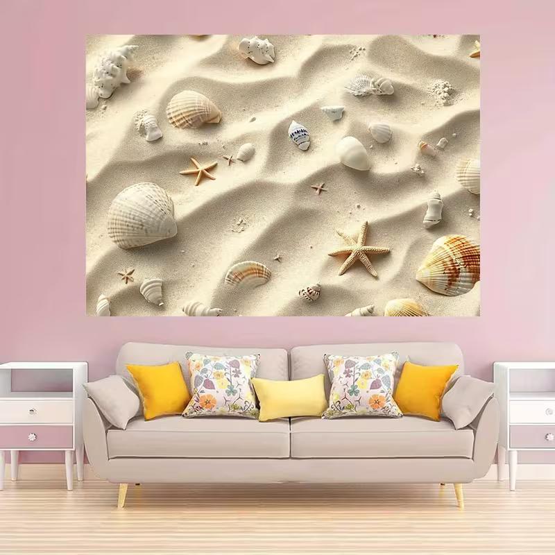 Ästhetischer 2D-Strand-Wandteppich, Sand mit Muschel- & Seestern-Hintergrund