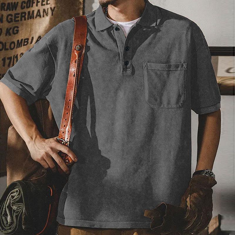 Summer new lapel button T-shirt men's retro washed heavy short-sleeved loose casual top men's