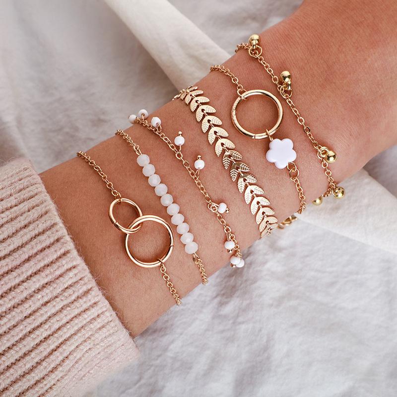 6Pcs SetBohemia Circle Bracelet Set For Women Multi-Layer Vintage Folded Wind Fish Bone Chain Flower Leaves Girls Zircon Gift