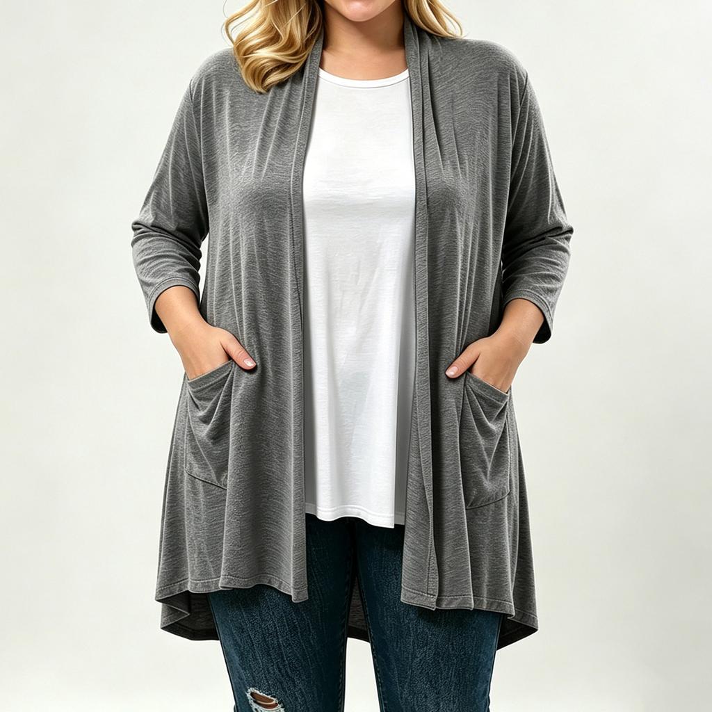 Women's Plus Size Soft Three-Quarter Sleeve Cardigan with Pockets