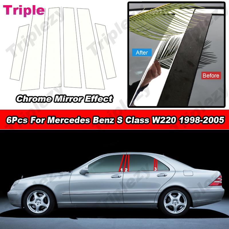 6 st Blank Krom Bilpelare Fönsterlister Dekoration PC-material För Mercedes Benz S-klass W220 1998-2005