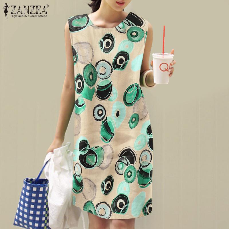 ZANZEA Women Holiday Casual Round Neck Sleeveless Print Dress