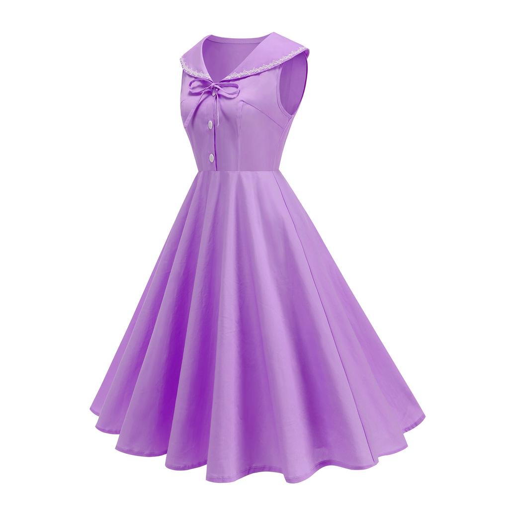 Women's Fashion Party Solid-Color Short-Sleeve Collared Bow Casual Dress For Summer