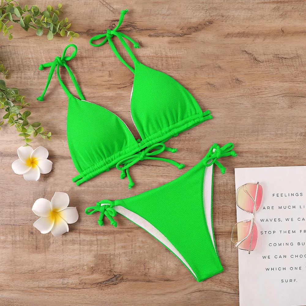

Женский купальник бикини Летний пляжный костюм Бразильский купальник 2025 Сексуальный женский купальник для горячих источников Бикини Ropa Mujer L флуоресцентный зеленый