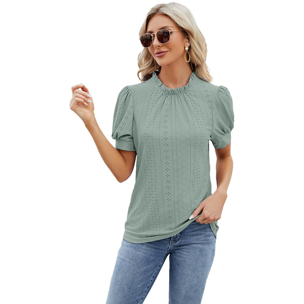 Summer Women's T-shirt Lace Neck Bubble Sleeve Loose Pleated T-shirt
