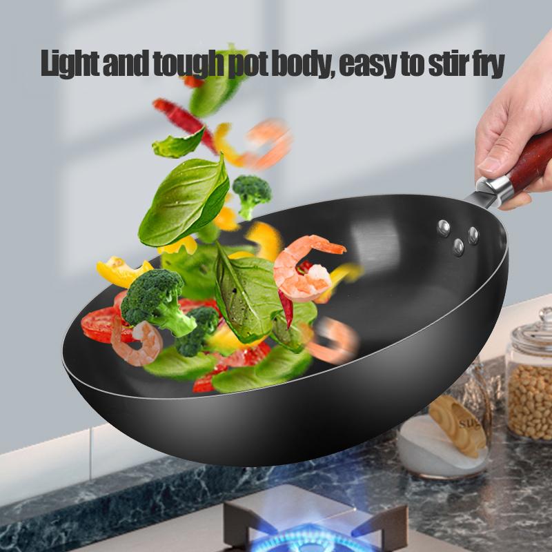Haushalts-Handgefertigter Eisen-Wok 28cm/30cm/32cm/34cm Ohne Beschichtung Antihaft-Pfanne Bratpfanne Gas- und Induktionsherd Küchengeschirr
