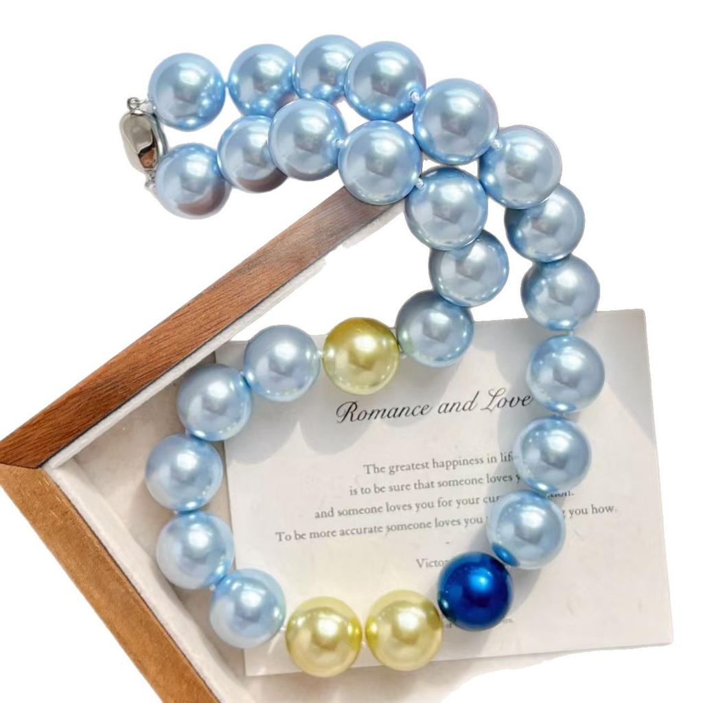 Vintage 16Mm Large Particle High Quality Color Haze Blue Artificial Crystal Pearl Necklace Collarbone