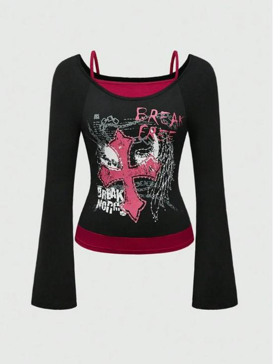 2026 Autumn/Winter Retro Street Style Y2K Printed Slim Fit Women's Tops