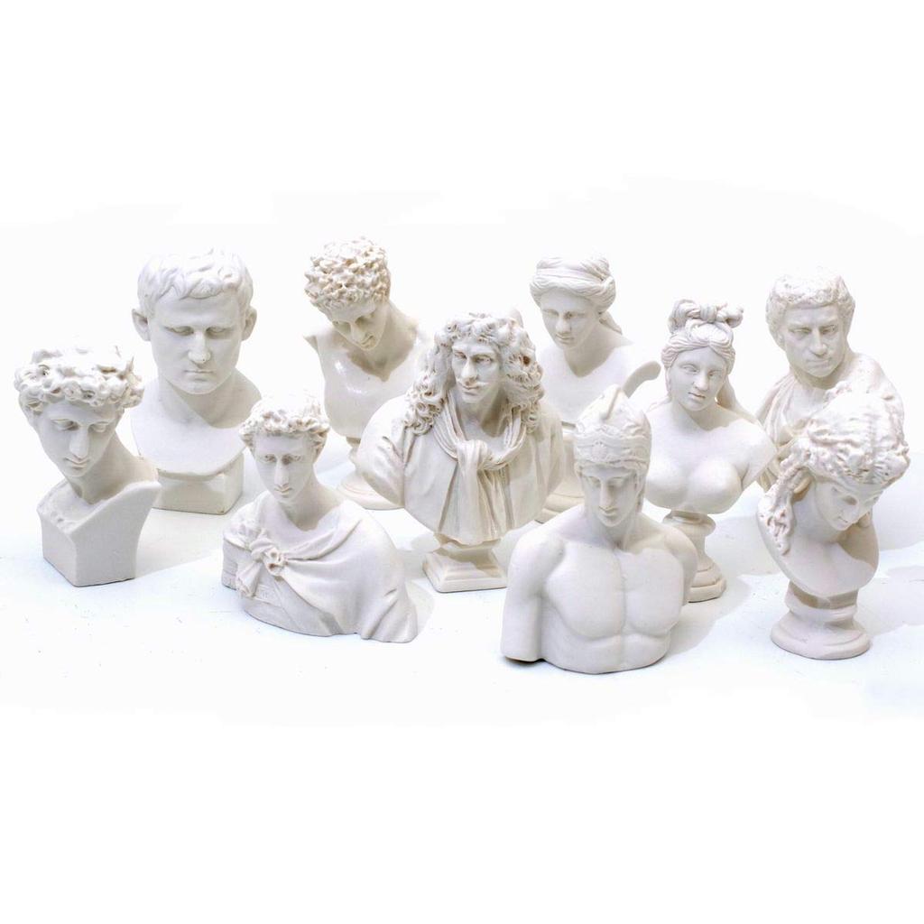 Set of 10 plaster miniature figures featuring Agrippa, Ariadne, a lyre player, Giuliano Medici, St. George, Venus, Hermes, Brutus, Mars, and