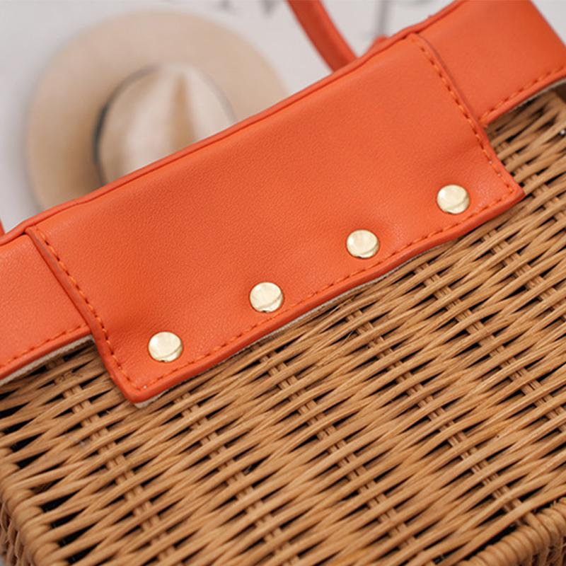 Trend Women's Straw Square Bags Handmade Woven Tote PU Leather Top Handle Rattan Purses Boxes Lady Summer Beach Basket Bags