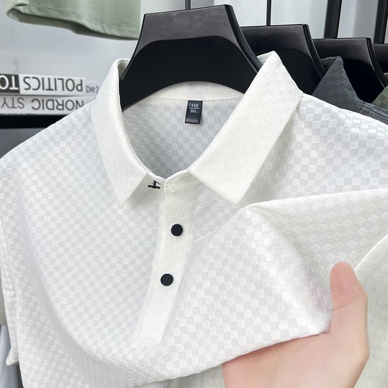 High-quality Men's Polo Shirt Lapel Plaid Solid Short-sleeve Non-iron Seamless T-shirt Summer Business Fashion Trend Menswear