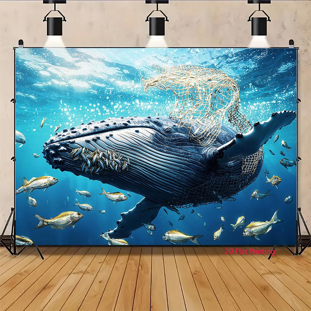 Diseño plano 2D 1 pieza de ballena temática marina y red de pesca adecuada para pancartas, accesorios para fotos de fiestas y decoraciones de eventos
