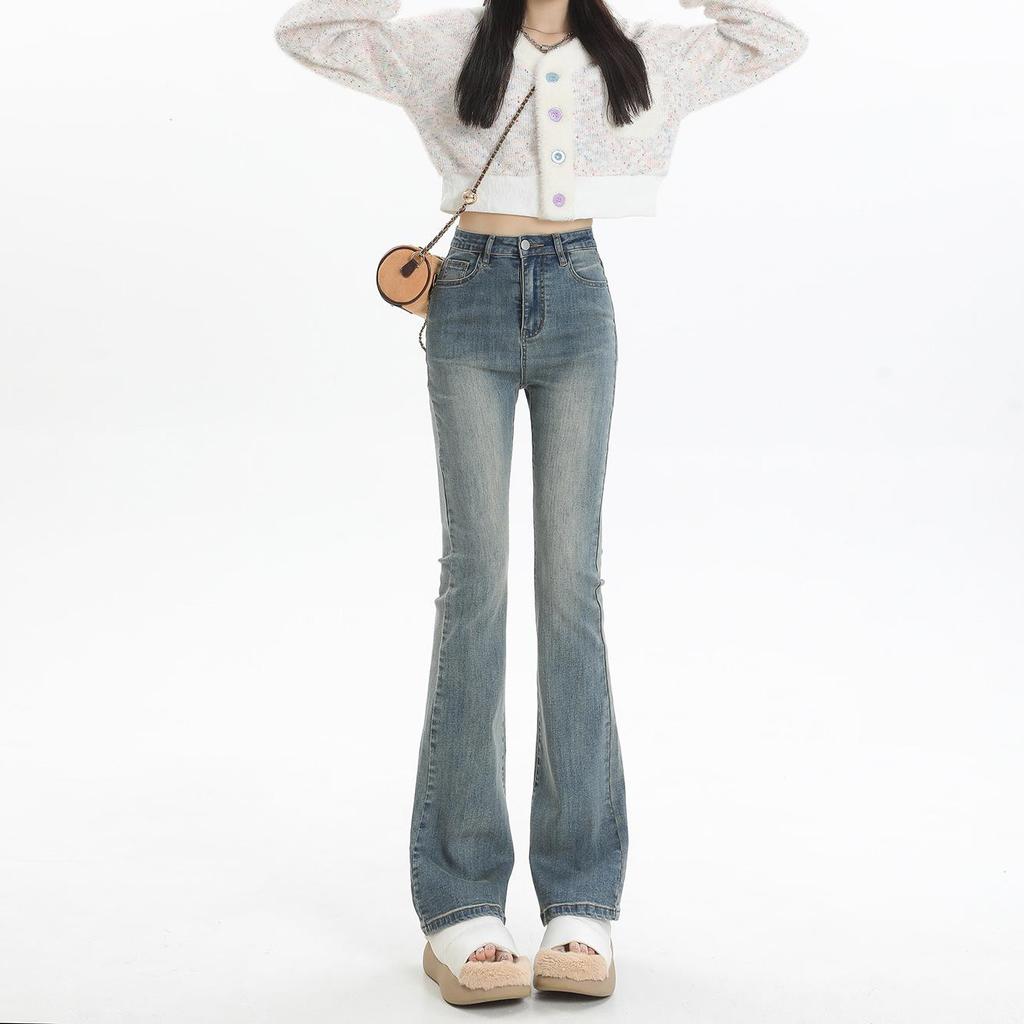 Women's Light Wash High-Waist American-Style Flared Jeans, Slim Fit, Elastic, Small Size, Washed Blue Horseshoe Design