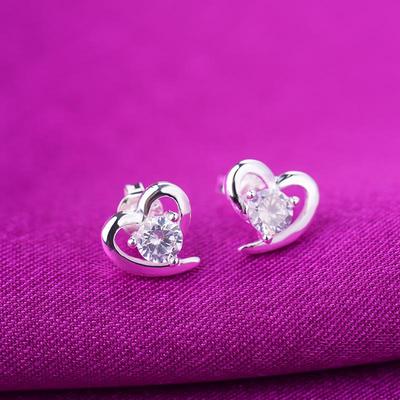 Korean Style Zircon Heart Love Silver-Plated Stud Earrings