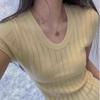U-Neck Ice Silk Short-Sleeve Women's Summer Knit Top - Slim Fit, Elastic, Breathable, Hollow-Out Design