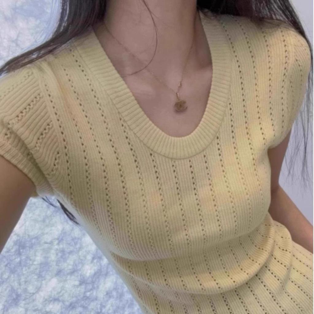 U-Neck Ice Silk Short-Sleeve Women's Summer Knit Top - Slim Fit, Elastic, Breathable, Hollow-Out Design