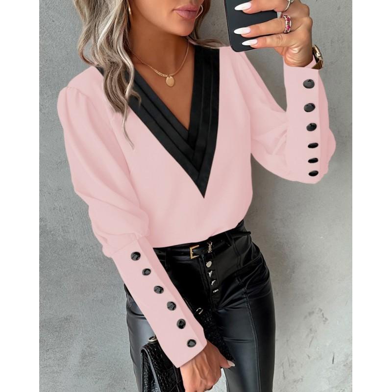 Womens V-Neck Solid Color Long Sleeve Button-Up Blouse Soft Satin Office Chic Top