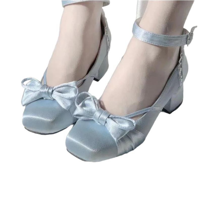 Satin ballet Mary Jane shoes women's lolita shoes 2025 new thick heel square head ribbon girl bow single