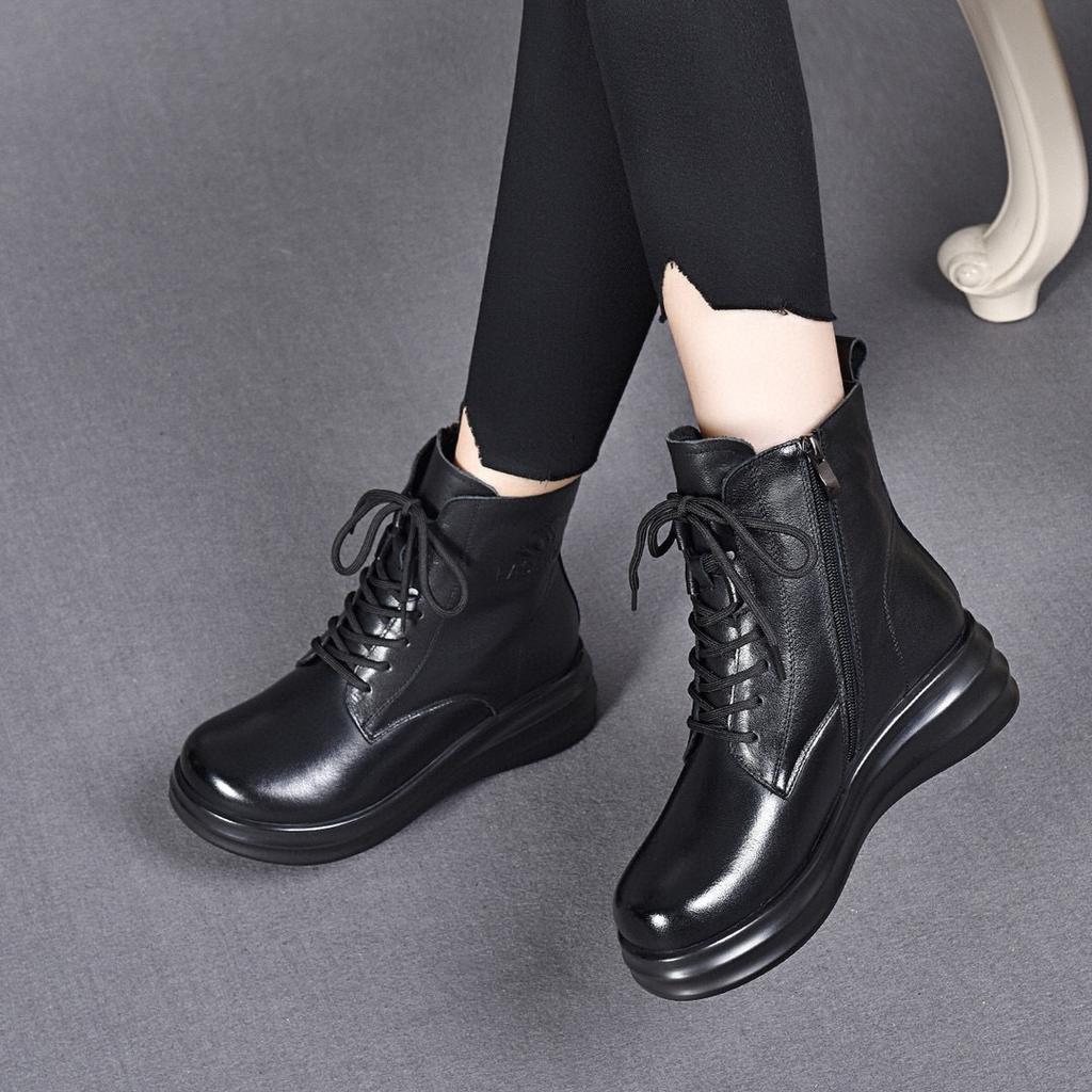 thick-soled boots women's 2025 autumn and winter new waterproof table muffin with lace-up cowhide Martin boots velvet warm women's cotton boots