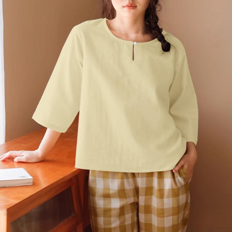 ZANZEA Women Casual Round Neck Solid Color 3/4 Sleeve Blouse