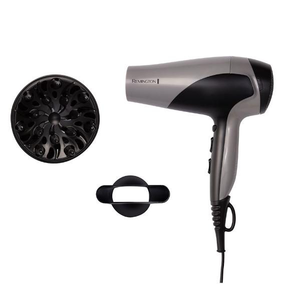 Remington Hair Dryer | D3190S | 2200W | 3 Temperature Settings | Ionizer | Diffuser Nozzle | Gray/Black