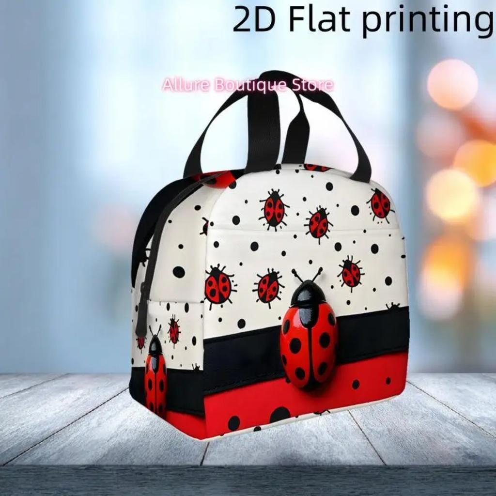 A 2D Flat-Printed Bag Featuring a Ladybug Design with Fun Polka Dots And Bright Colors. This Insulated Cooler Bag Is Reusable An