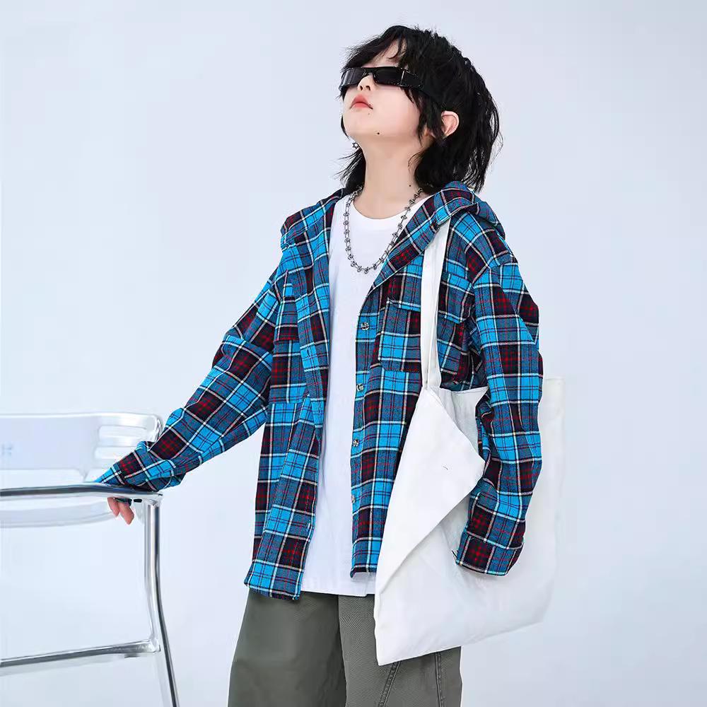 Spring & Autumn 2024 Boys' Classic Plaid Hooded Long-Sleeve Shirt